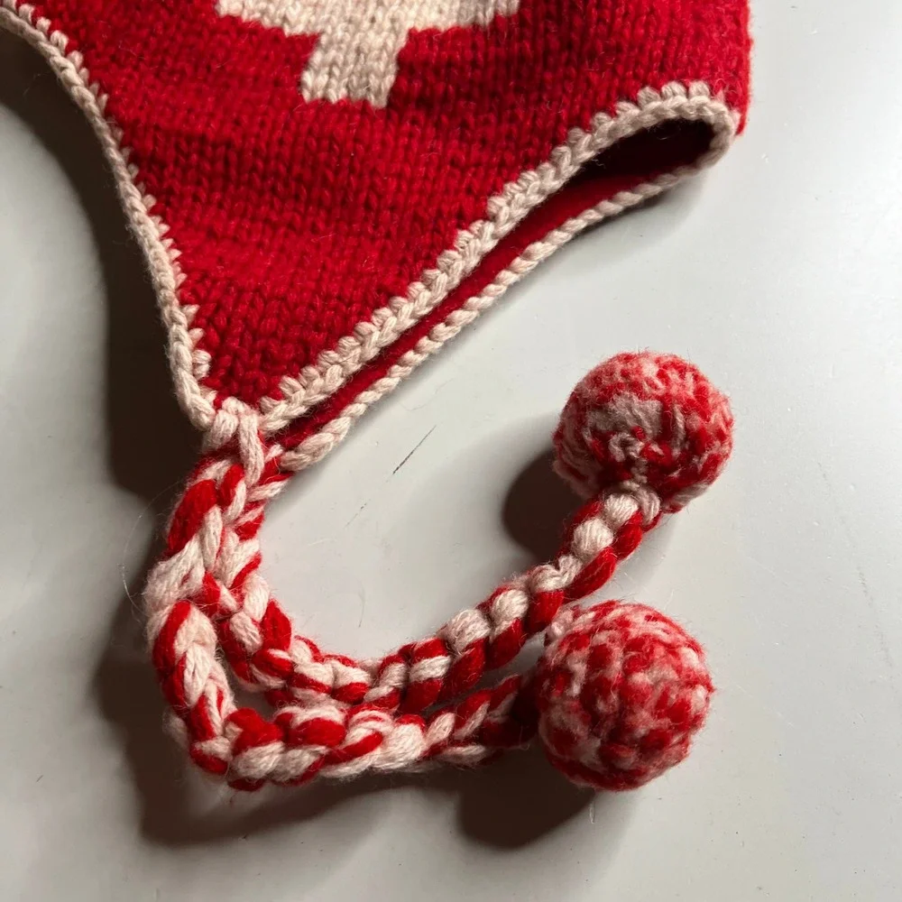 Red‎ Wool Knit Earflap Hat Swiss Cross Pom Pom Winter Beanie Vintage